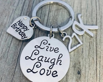Personalized 21st Birthday Keychain with Initial Charm, Custom Live Laugh Love Twenty First Birthday Jewelry Birthday Gift for Women