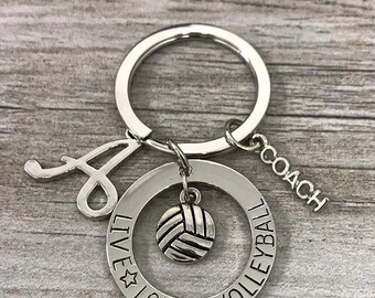 Personalized Volleyball Coach Keychain with Live Love Volleyball Charm and Custom Letter Gift for Appreciation or End of Season