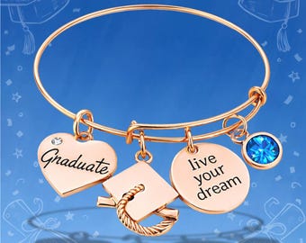 Personalized Graduation Bracelet, Rose Gold Birthstone Graduation Gift, Graduation Jewelry, Class of 2026, Senior Gift, Gift for Her
