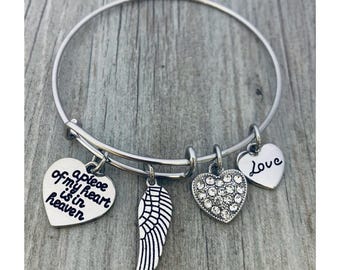 Memorial Jewelry, A Piece of My Heart is in Heaven Angel Wing Bangle Memorial Gift, Women's Charm Bracelet