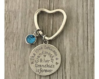 Personalized Grandma Keychain,  Love Between Grandmother and Grandkids is Forever, Grandma Jewelry, Gift for Grandma, Birthstone keychain