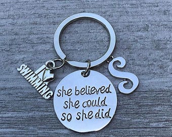 Personalized Swim Keychain with Motivational Quote and Custom Initial Charm Gift for Swimmers Coaches and Swim Teams