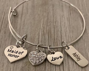 Personalized Maid of Honor Bridesmaid Charm Bangle Bracelet, Bridesmaid Proposal, Will You Be My Bridesmaid, Tie the Knot Gift for Women