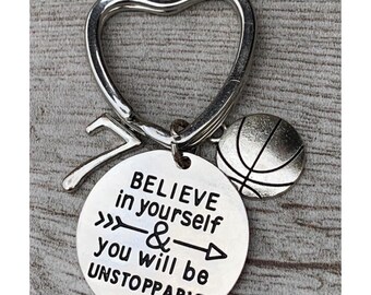 Basketball Number Keychain, Basketball Player Gifts, Believe in Yourself You Will Be Unstoppable Keychain for Men and Women