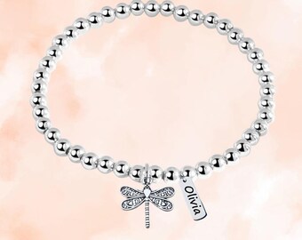 Personalized Dragonfly 2 Beaded Bracelet with Engraving Tag Charm, Dragonfly Gift, Adjustable Jewelry, Custom Dragonfly Accessories for Girl