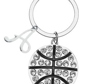 Personalized Basketball Keychain with Rhinestone Charm and Initial – Custom Gift for Girls, Teens, Players, and Basketball Moms