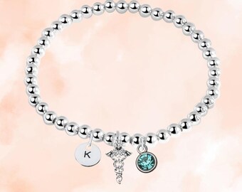Caduceus Beaded Bracelet with Birthstone & Initial Letter Charm, Personalized Caduceus  Jewelry Gift, Custom Caduceus Accessories for Girls