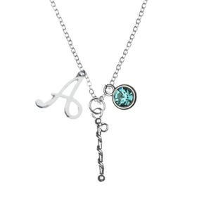 May include: Silver necklace with a cursive letter A charm, a small blue crystal charm, and a twisted silver charm.