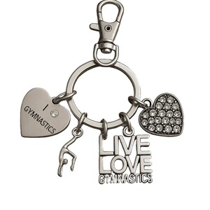 Gymnastics Keychain with Live Love Gymnastics and Heart Charms, Silver Key Ring Gift for Gymnasts, Girls, Coaches or Team Appreciation