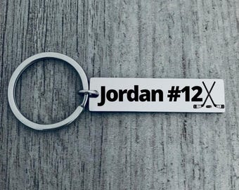 Personalized Engraved Ice Hockey Keychain, Unisex Custom Hockey Jewelry Gift, Girl- Boy Hockey Player, Team and Coaches Gift, Sticks, Helmet