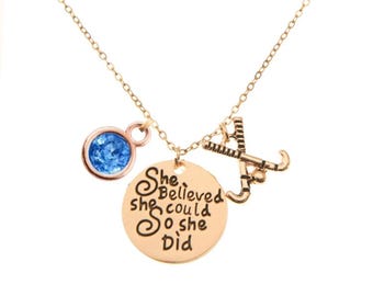 Personalized Field Hockey Necklace with Birthstone and Motivational Charm – She Believed or Believe in Yourself – Sports Gift for Girls