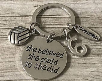 Personalized Volleyball Keychain w/ Number Charm, Custom She Believed She Could So She Did Volleyball Gift, Volleyball Keychain, Volleyball