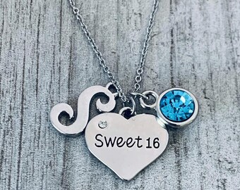 Personalized Sweet 16 Charm Birthday Necklace with Letter & Birthstone, Sweet Sixteen Jewelry Birthday Gift For Girls, 16th Birthday Pendant