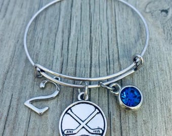 Personalized Hockey Bangle Bracelet with Number and Birthstone Charm – Custom Gift for Female Hockey Players or Team Members