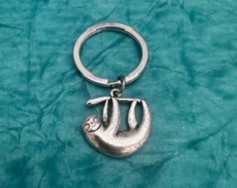 Silver Sloth Keychain with Hanging Sloth Charm | Cute Animal Lover Gift for Her or Him | Funny Lazy Sloth Key Ring for Bag or Keys