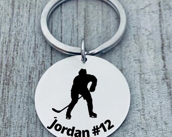 Personalized Engraved Ice Hockey Keychain, Unisex Custom Hockey Jewelry Gift, Girl- Boy Hockey Player, Team, Coaches Gift, Sticks, Helmet