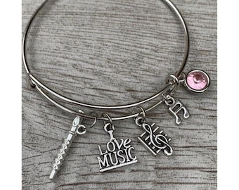 Personalized Flute Music Birthstone Bangle Bracelet - Music Jewelry - Music Gift - Flute Player Jewelry -Jewelry Gift for Flute Players
