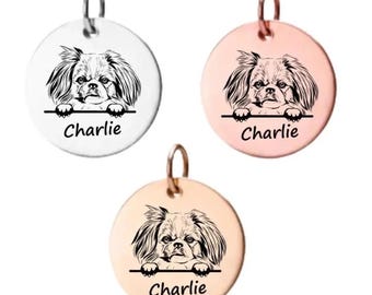 Pekingese Charm, Personalized Stainless Steel Custom Name Engraved Dog Pendant, Memorial Keepsake for Dog Mom, Dog Lover Gifts