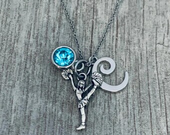 Personalized Cheer Birthstone and Letter Charm Necklace, Girls Cheerleading Jewelry, Cheer Gift, Cheerleader Pendant, Love to Cheer Charm