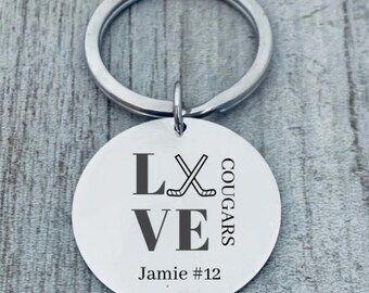 Personalized Engraved Ice Hockey Keychain, Unisex Custom Hockey Jewelry Gift,  Girl- Boy Hockey Player, Team and Coaches Gift