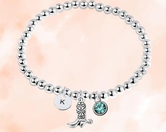 Cowgirl Beaded Bracelet with Birthstone & Initial Letter Charm, Personalized Cowgirl Jewelry Gift, Custom Cowgirl Accessories for Girls
