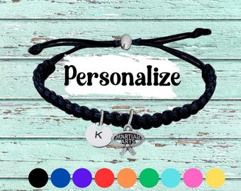 Personalized Martial Arts Bracelet with Initial Disc and Martial Arts Belt Charm, Handmade Adjustable Macrame Gift for Students Coaches Fans