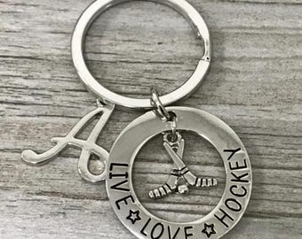 Personalized Live Love Hockey Keychain with Initial Charm, Custom Hockey Gift for Players Teams Coaches, Silver Hockey Bag Charm
