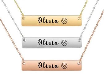 Personalized Engraved Volleyball Bar Pendant Charm Necklace for Girls, Volleyball Players Gifts, Volleyball Coach Gift, Volleyball Team Gift