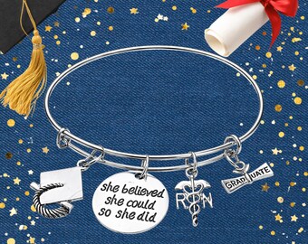 Nurse Graduation Bracelet She Believed She Could So She Did Nursing Student RN Grad Gift Adjustable Bangle for Nurse Assistant or Graduate