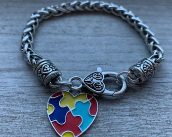 Autism Bracelet, Autism Awareness Jewelry, Autism Puzzle Piece Heart Bracelet, Autism Ribbon, Autism Mom, Teacher Gift, Autism Gift