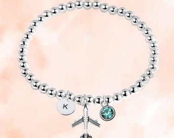 Airplane Beaded Bracelet with Birthstone & Initial Letter Charm, Personalized Airplane Jewelry Gift, Custom Trip Accessories for Girls