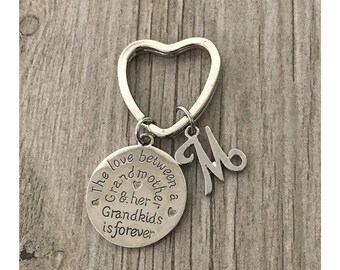 Personalized Grandma Keychain,  Love Between Grandmother and Grandkids is Forever, Grandma Jewelry, Gift for Grandma, Inital Charm Keychain