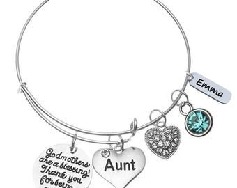 Personalized Aunt Godmother Bracelet Engraved, Birthstone Charm, Godmother Gift, Gift for Godmother, Baptism, Christening Godmother Jewelry