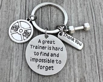 Personal Trainer Gift, Great Trainer Is Hard to Find But Impossible to Forget Keychain, Coach Weighted Barbell Dumbbell Charm, Workout Gifts