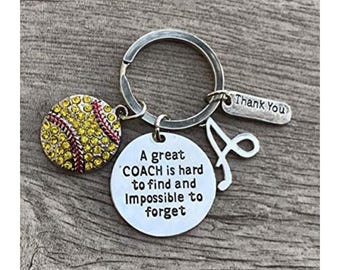 Personalized Softball Coach Keychain Initial Letter Charm, Great Coach is Hard to Find But Impossible to Forget Keychain, Gift for Softball