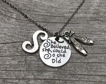 Personalized Ballet Dancer Necklace with Initial Charm and Slippers, She Believed She Could So She Did Gift for Dance Recital or Teacher