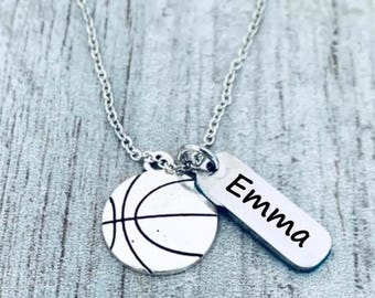 Personalized Basketball with Engraved Charm Necklace, Girls Basketball Necklace, Basketball Gift, Sports Necklace, Basketball Pendant