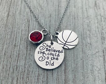 Personalized Basketball Necklace with Birthstone Charm, She Believed She Could So She Did Charm Necklace, Girl Basketball Players