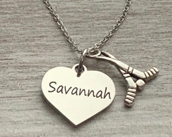 Personalized Engraved Ice Hockey Necklace, Girls Hockey Heart Stick Jewelry Gifts for Ice Hockey Players, Custom Hockey Team Gift