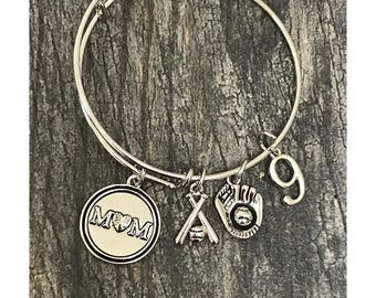 Personalized Baseball Mom Bracelet with Jersey Number Charm, Custom Baseball Bangle Gift for Moms, Adjustable Baseball Jewelry for Women