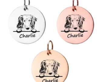 Long Haired Dachshund Charm ,Personalized Stainless Steel Custom Name Engraved  Dog Pendant, Memorial Keepsake for Dog Mom, Dog Lover Gifts