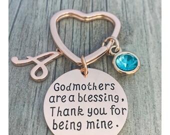 Personalized Godmother Gift, Custom Rose Gold Godmother Keychain with Letter and Birthstone Charms, Godmother Jewelry for Godmothers