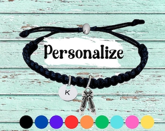 Personalized Dance Bracelet with Ballet Shoe Charm and Initial Disc, Adjustable Macrame Cord Jewelry for Dancers Teachers Recital Gift