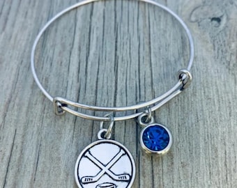 Personalized Hockey Bangle Bracelet w/Birthstone Charm, Ice Hockey, Custom Hockey Jewelry for her,  Female Hockey Player or Team, Gift