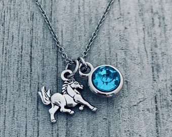 Horse Necklace , Personalized Birthstone, Girls Mini Horse Necklace, Equestrian Necklace, Gift Ideas • Horse Lover, Cowgirl Necklace