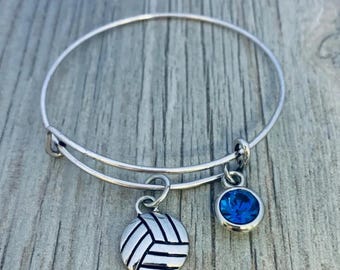 Personalized Volleyball Charm Bangle Bracelet with Birthstone Charm,Custom Girls Volley Jewelry ,Perfect Gift For Volleyball Players & Teams