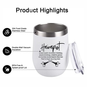 May include: White stainless steel tumbler with a black lid and a black graphic that says "Hairapist" with a definition and a pair of scissors. The tumbler is double-walled and vacuum insulated.