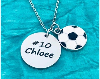 Soccer Gift, Personalized Soccer Necklace, Engraved Charm, Girls Custom Soccer Jewelry, Soccer Team Soccer Player Gift, Soccer Pendant