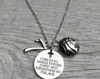 Personalized Basketball Number Charm Necklace, Christ Who Strengthens Me Phil 4:13 Pendant, Basketball Player Gift, Team Gift