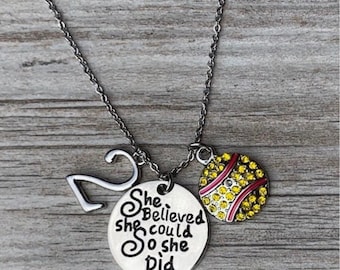 Personalized Softball Yellow Rhine Number Necklace, Softball Jewelry - She Believed She Could So She Did- Perfect Softball Player Gifts